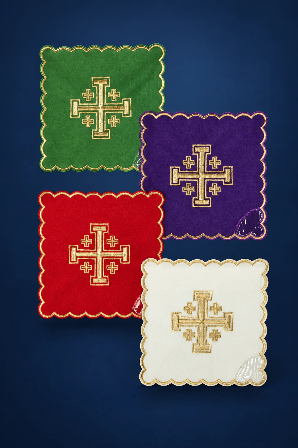 Four square chalice palls in green, purple, red, and white with Jerusalem cross embroidery and scalloped edges