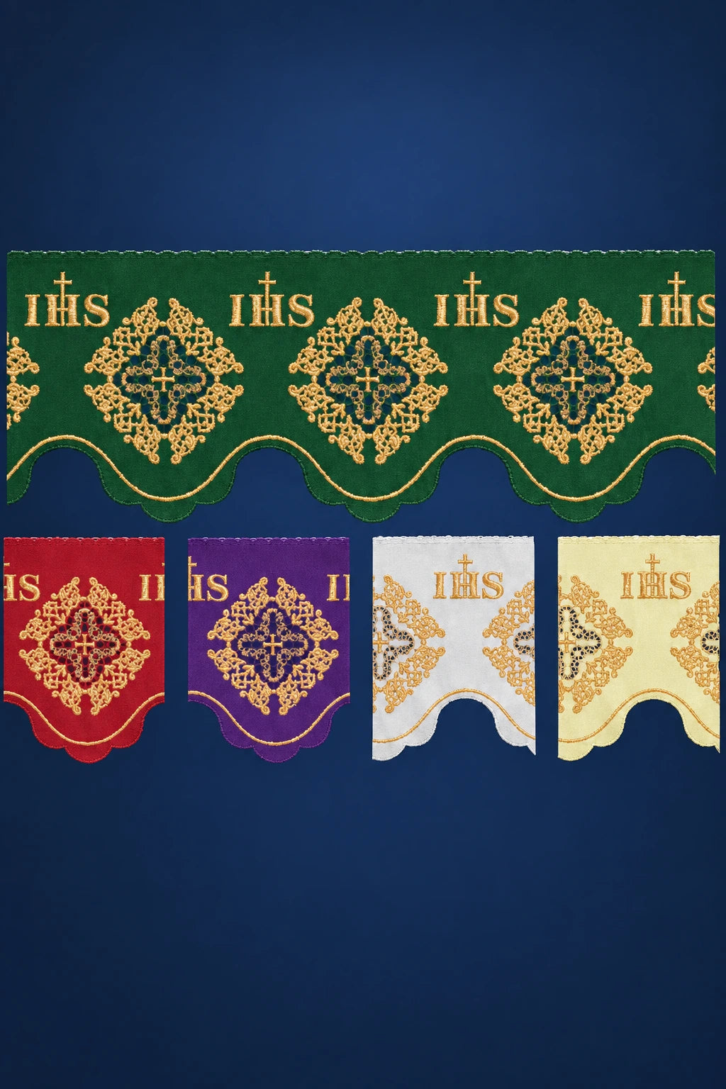 Front view of altar lace with IHS cross and rosette embroidery in green, red, purple, white, and gold