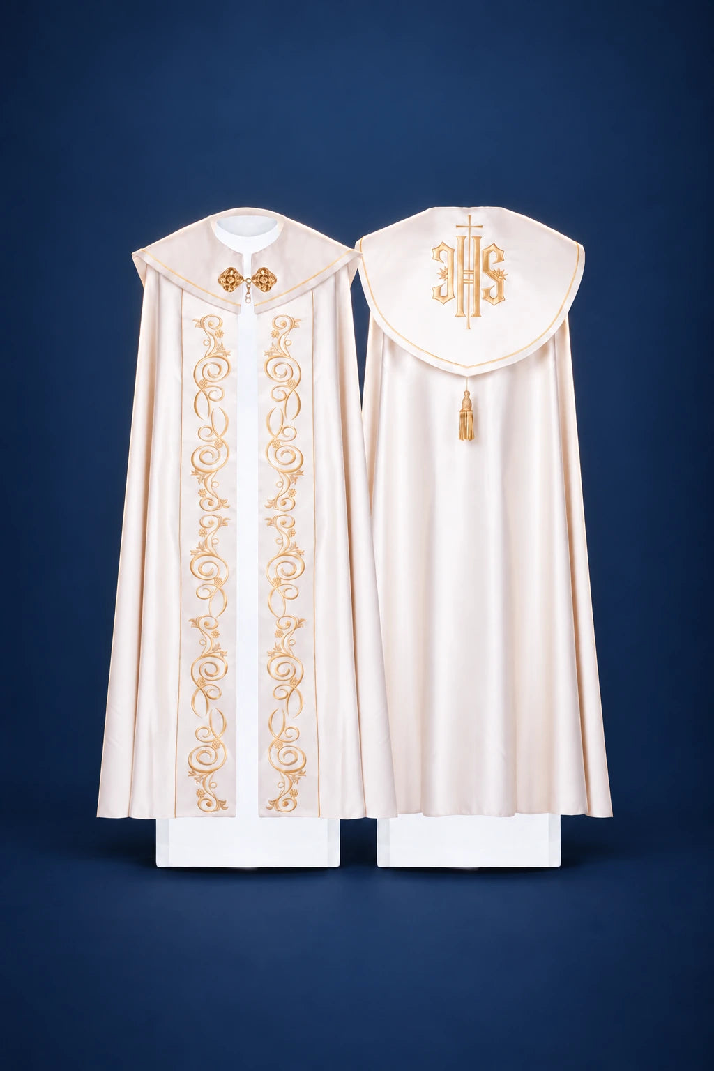 Front and back view of an ecru satin liturgical cope with gold embroidered scrolls and monogram on the hood