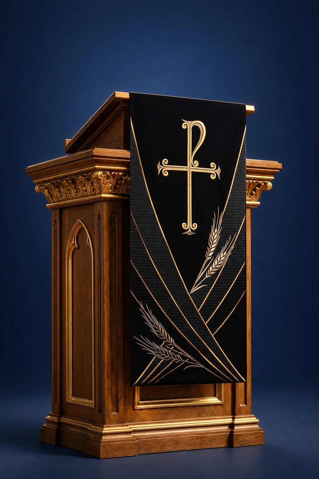 Front view of a black lectern cover with gold PAX cross and wheat embroidery