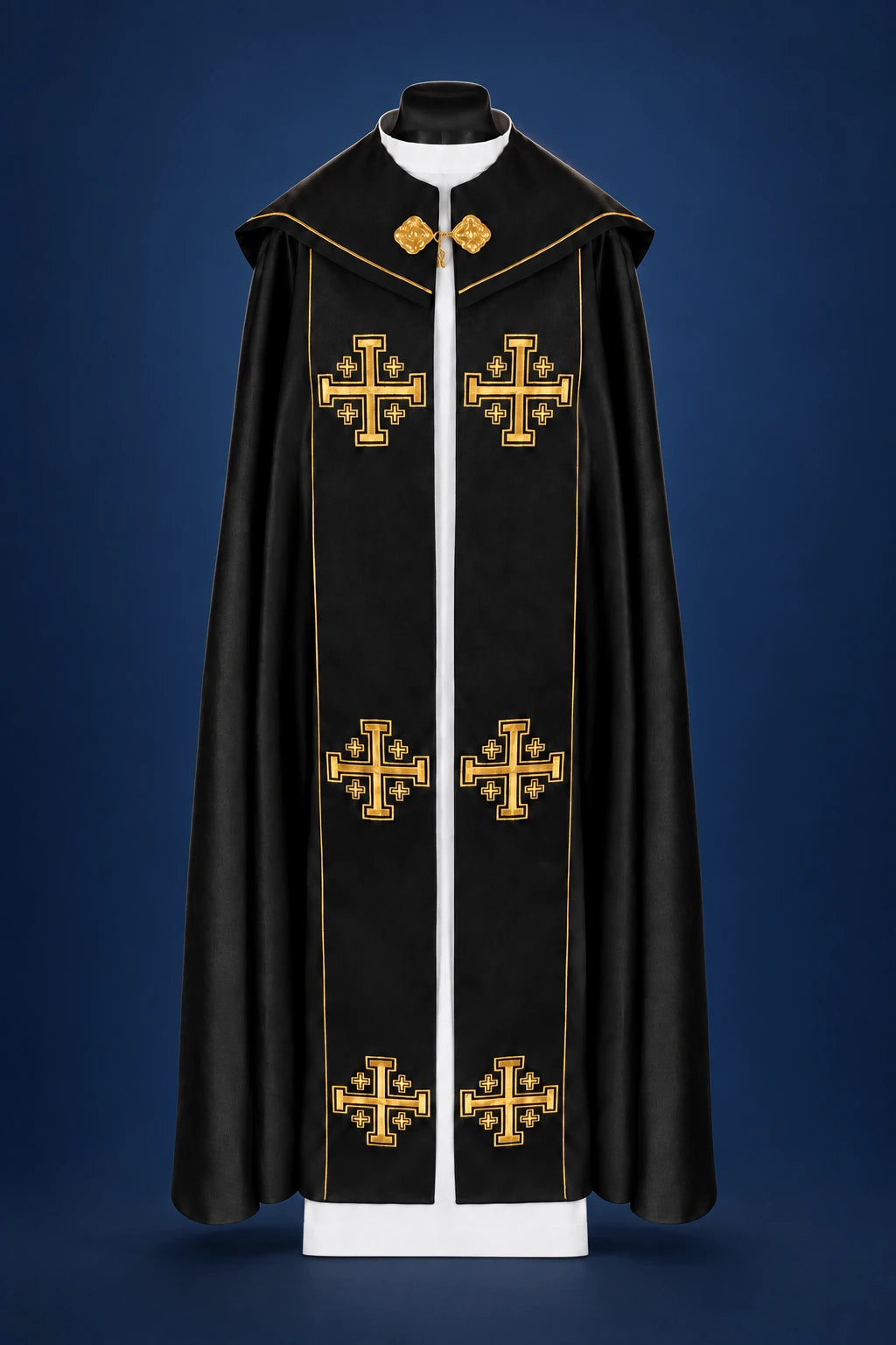 Front view of a black liturgical cope with gold orphrey and Jerusalem cross embroidery
