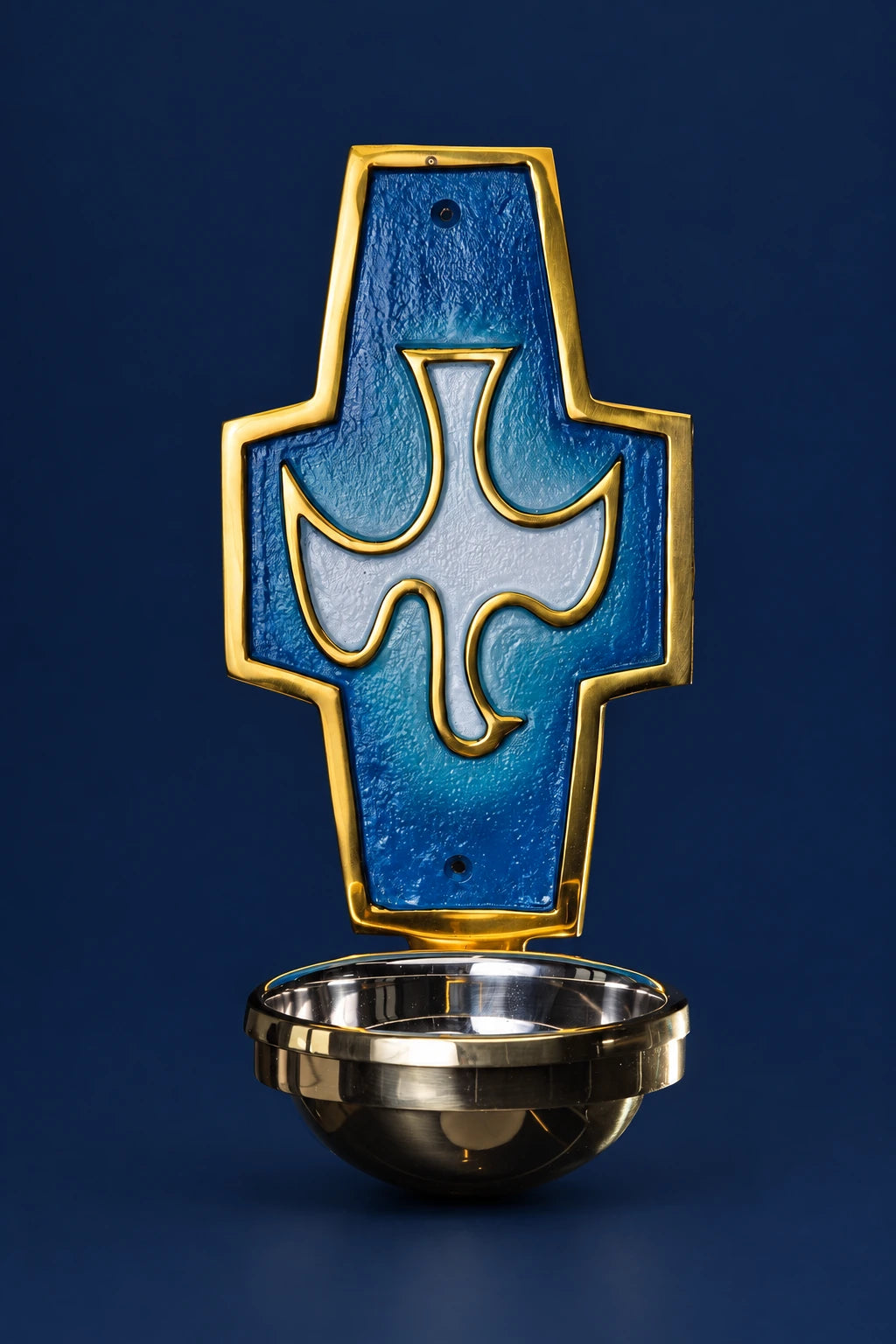 Front view of brass holy water font with blue Holy Spirit dove plaque and basin below