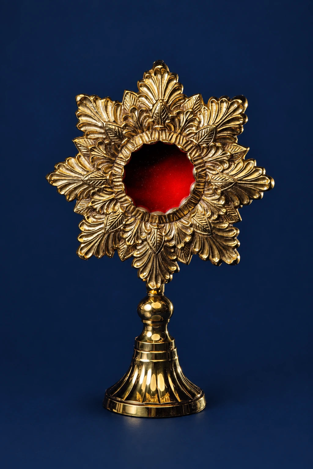 Front view of brass reliquary with floral ornament and red circular relic compartment