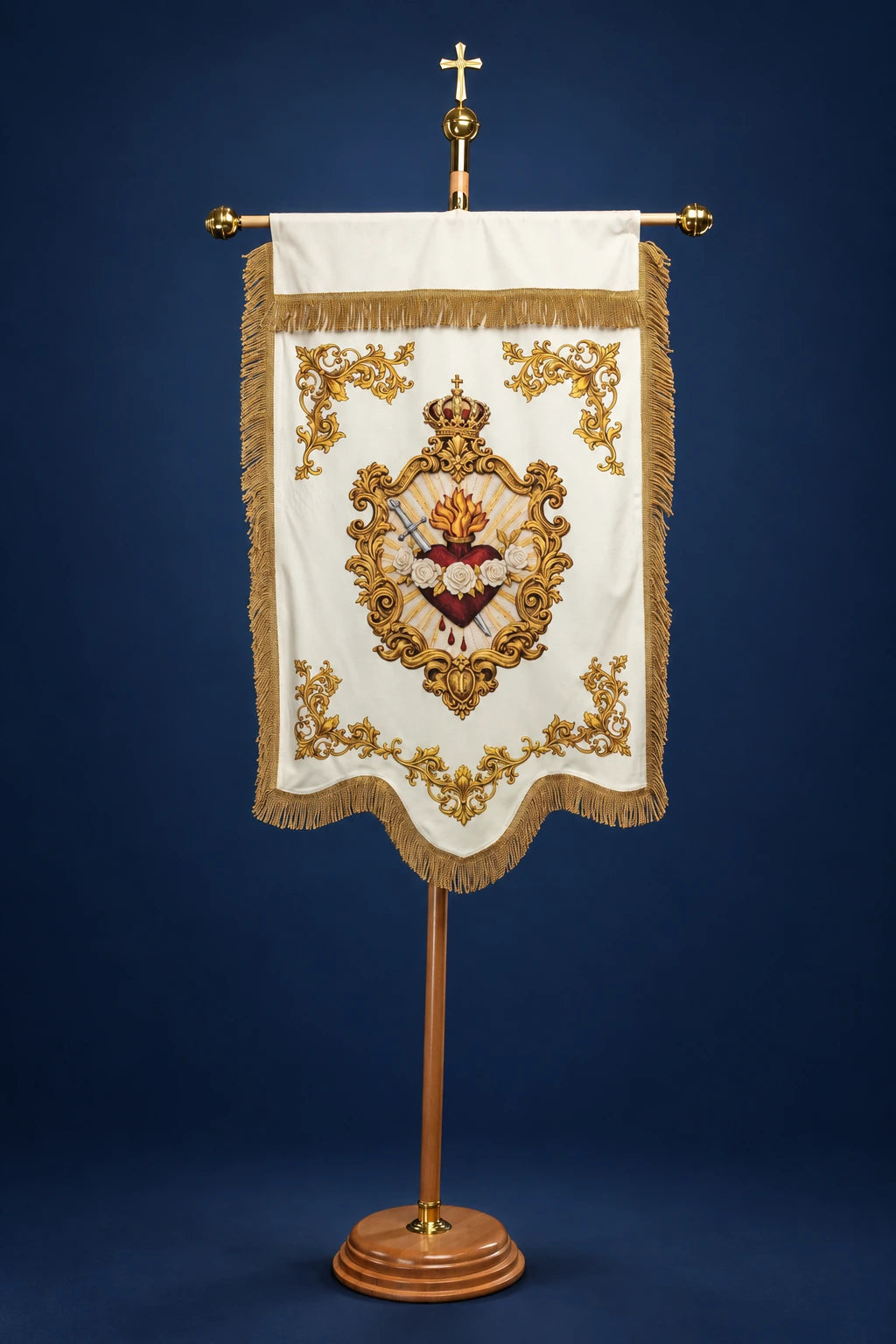 Front view of a church banner with Immaculate Heart and gold monogram, trimmed with fringe