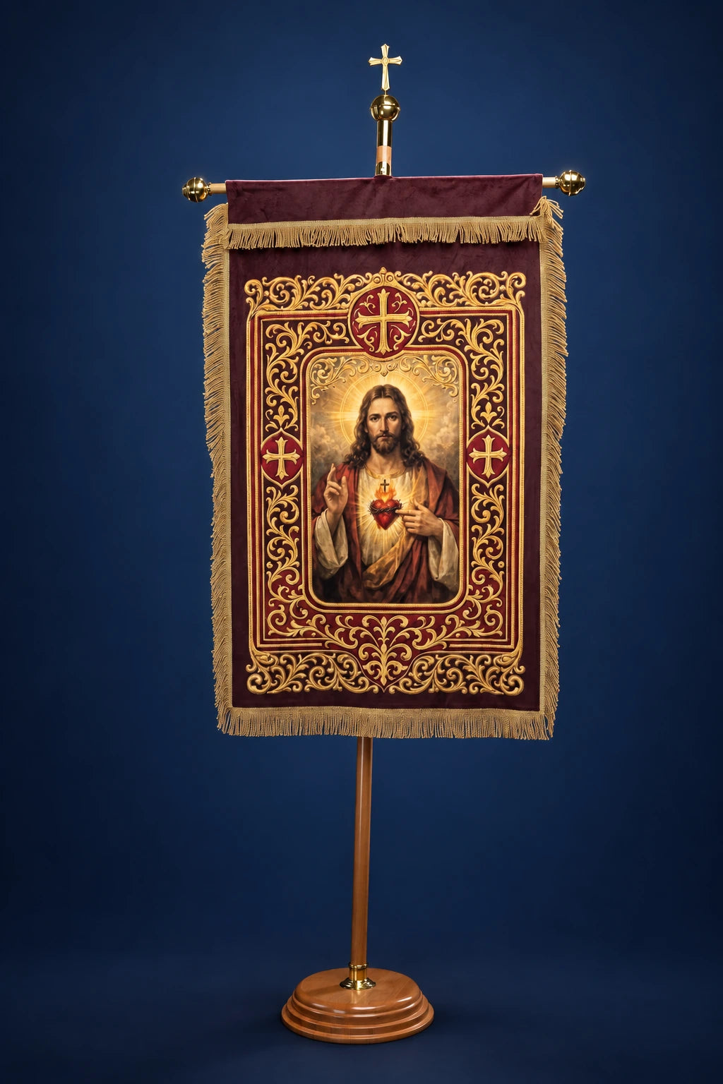 Front view of a church banner with Sacred Heart of Jesus, ornate gold border, and fringe trim
