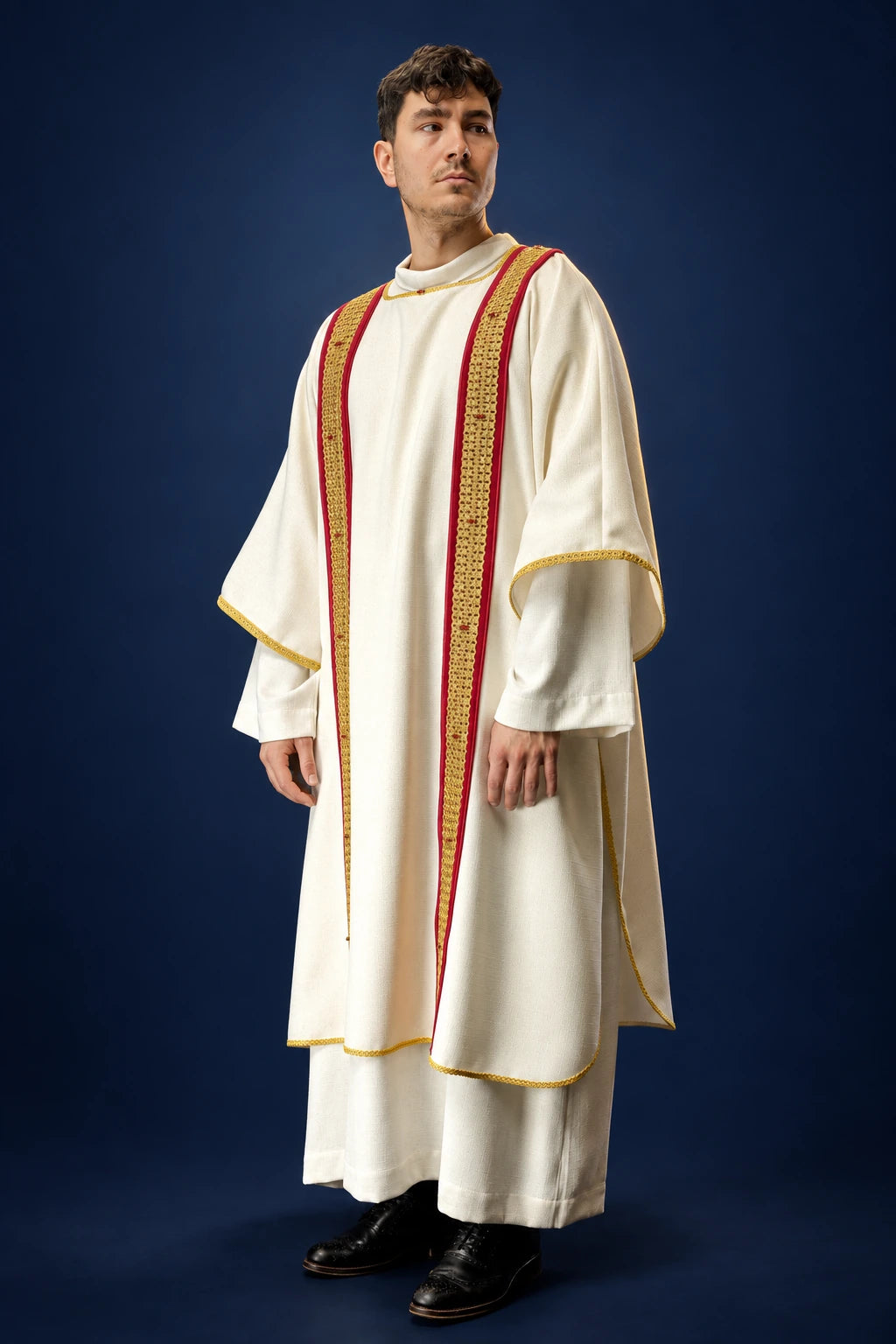 Front view of a cream dalmatic with red and gold beaded vertical bands and gold trim on sleeves and hem
