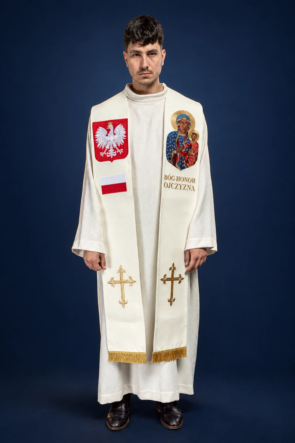 Front view of a cream stole with Our Lady of Czestochowa, Polish eagle and cross embroidery, gold fringe hems