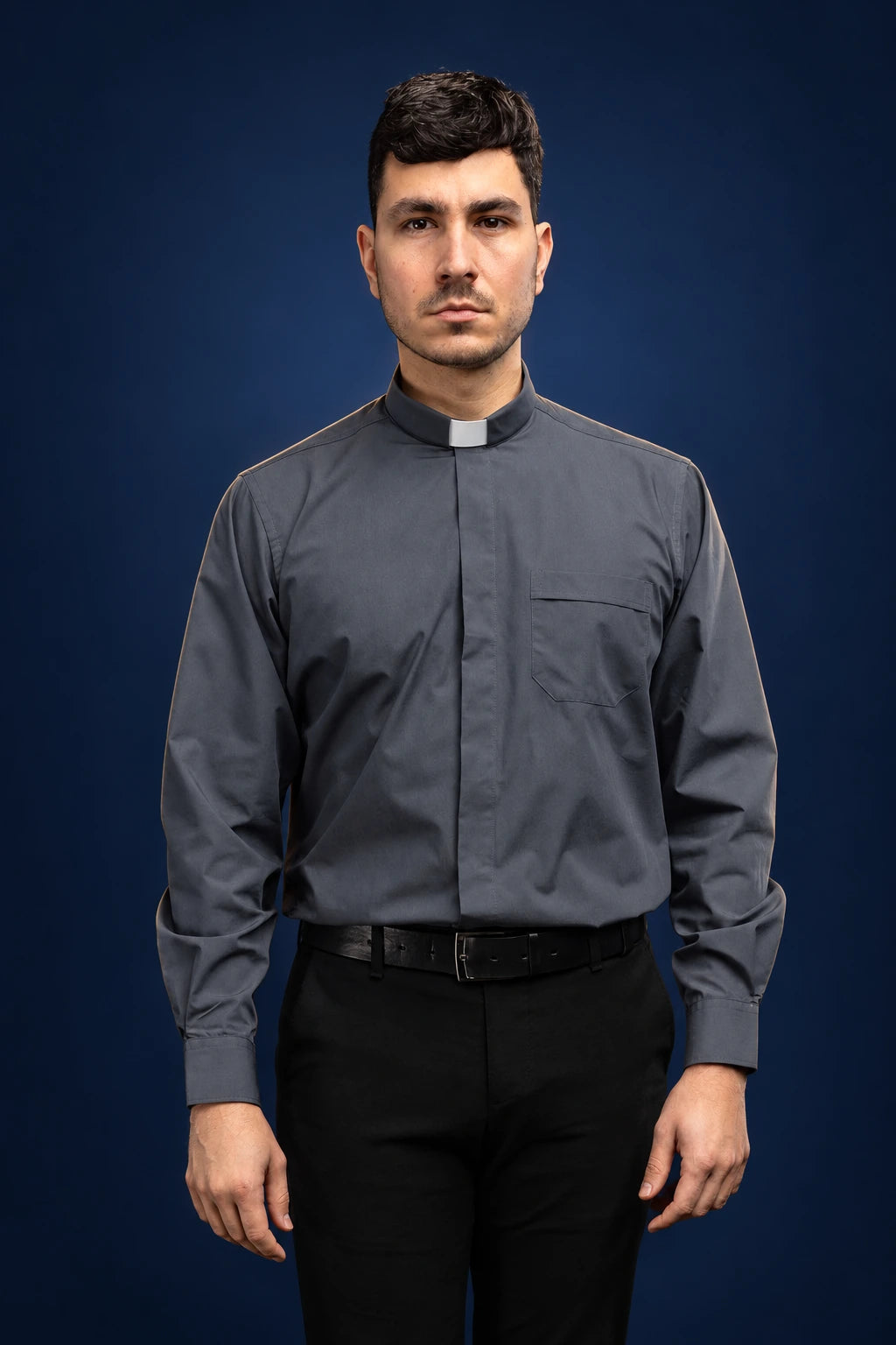 Front view of a dark gray long-sleeve clergy shirt with clerical collar and chest pocket