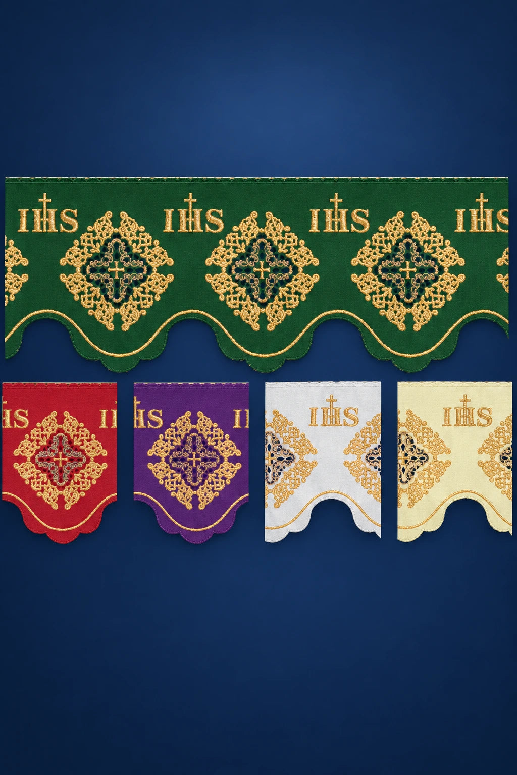 Front view of ecru altar lace with embroidered IHS, cross, and rosette scalloped border