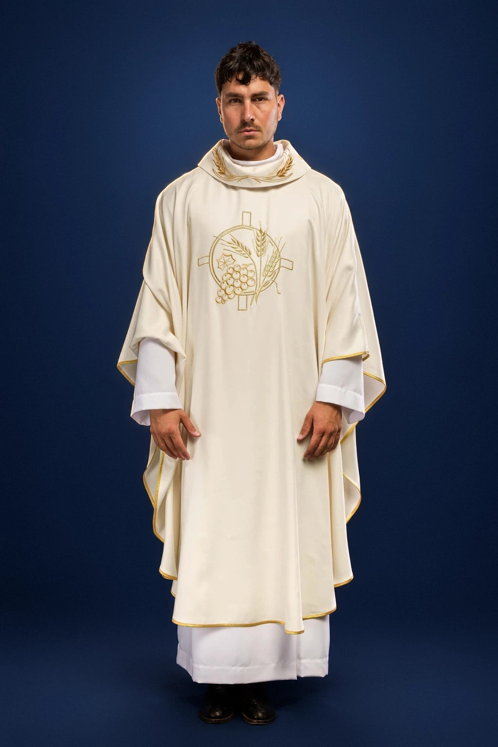 Front view of ecru chasuble with embroidered cross and wheat motif on the chest
