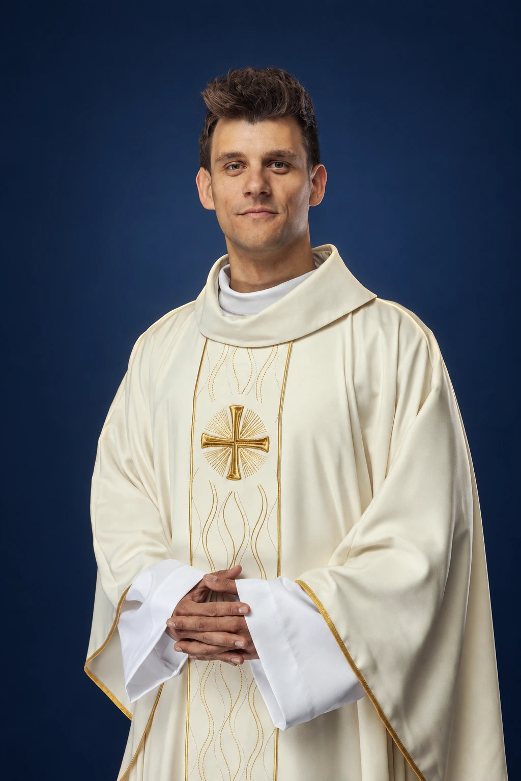 Front view of an ecru chasuble with gold cross embroidery and matching inner stole cuffs