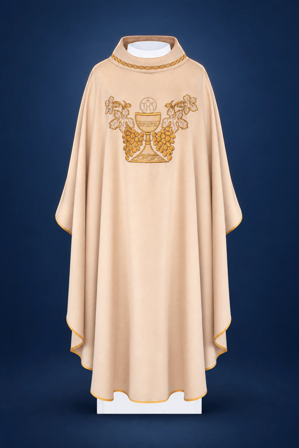 Front view of an ecru chasuble with gold trim and embroidered chalice and grapes motif on the chest