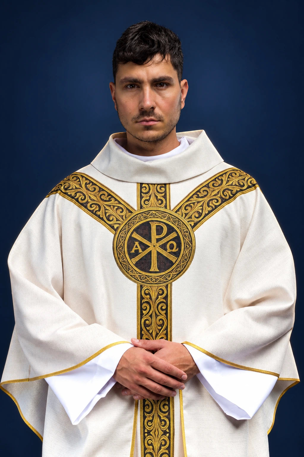 Front view of an ecru chasuble with gold trim and a large printed Pax symbol on the chest