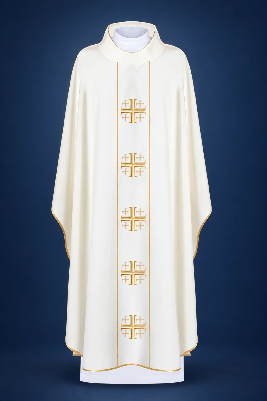 Front view of an ecru chasuble with gold trim and a vertical orphrey of Jerusalem crosses