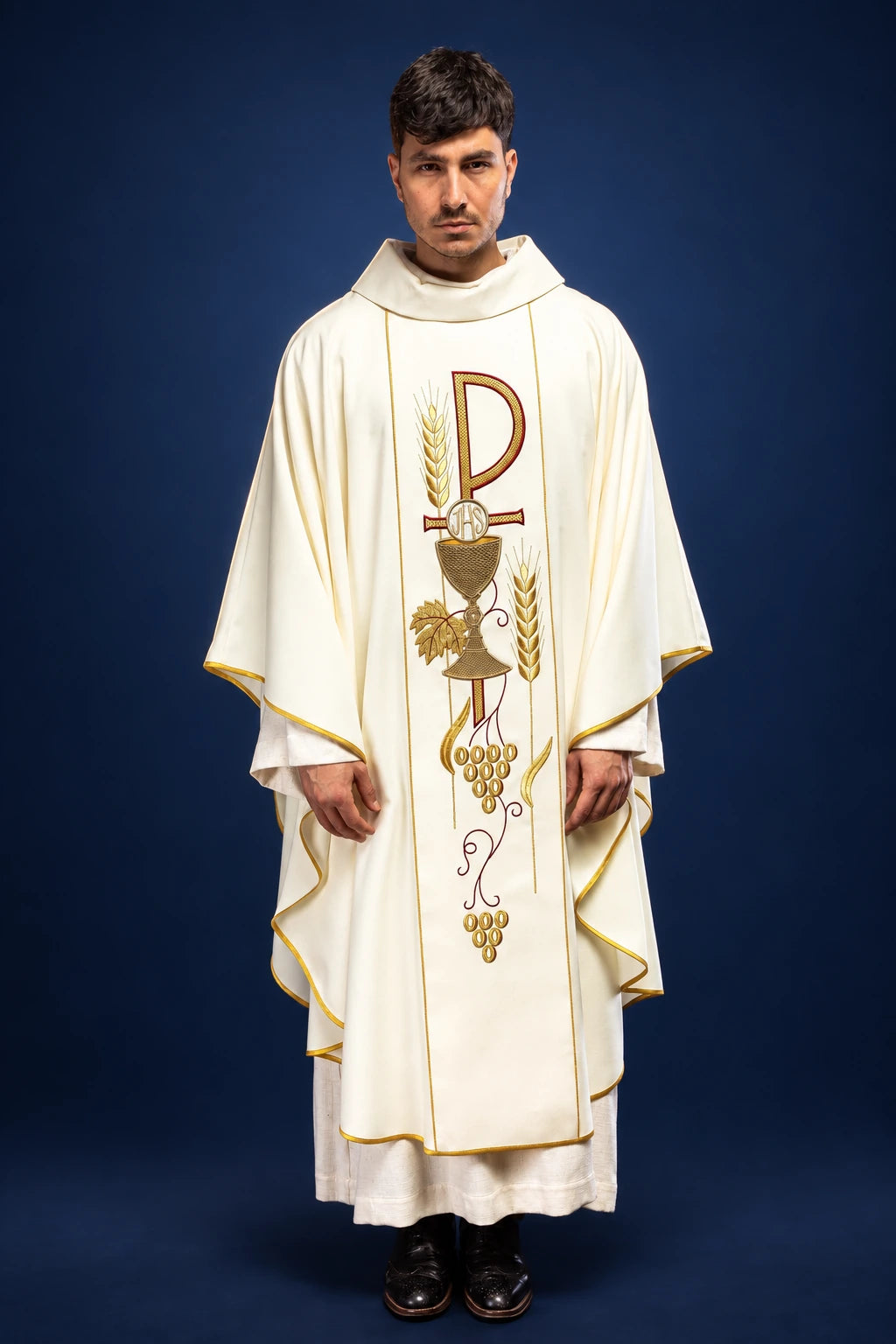 Front view of an ecru chasuble with IHS chalice and wheat embroidery down the center panel