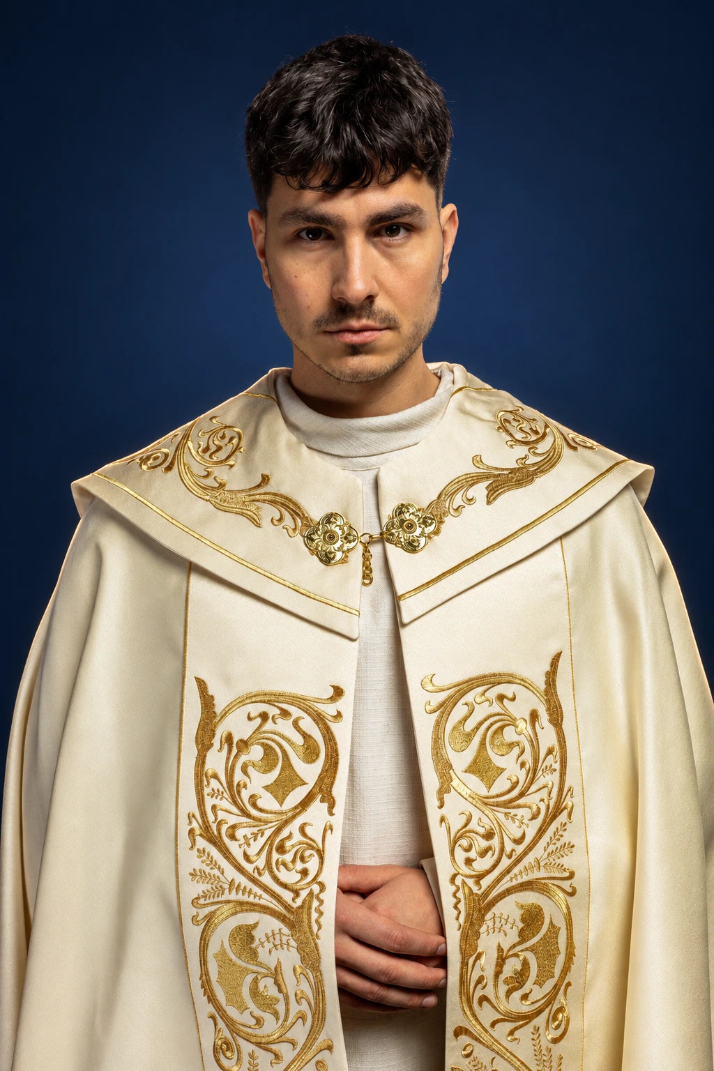 Front view of an ecru cope with gold embroidered shoulder scrollwork and matching vertical panels