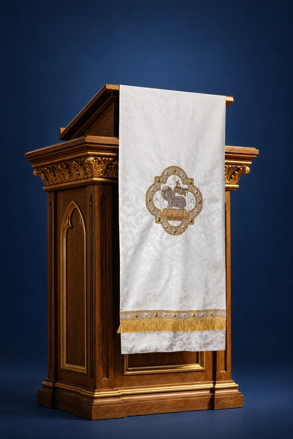 Front view of an ecru jacquard lectern cover with Paschal Lamb embroidery and gold fringe trim