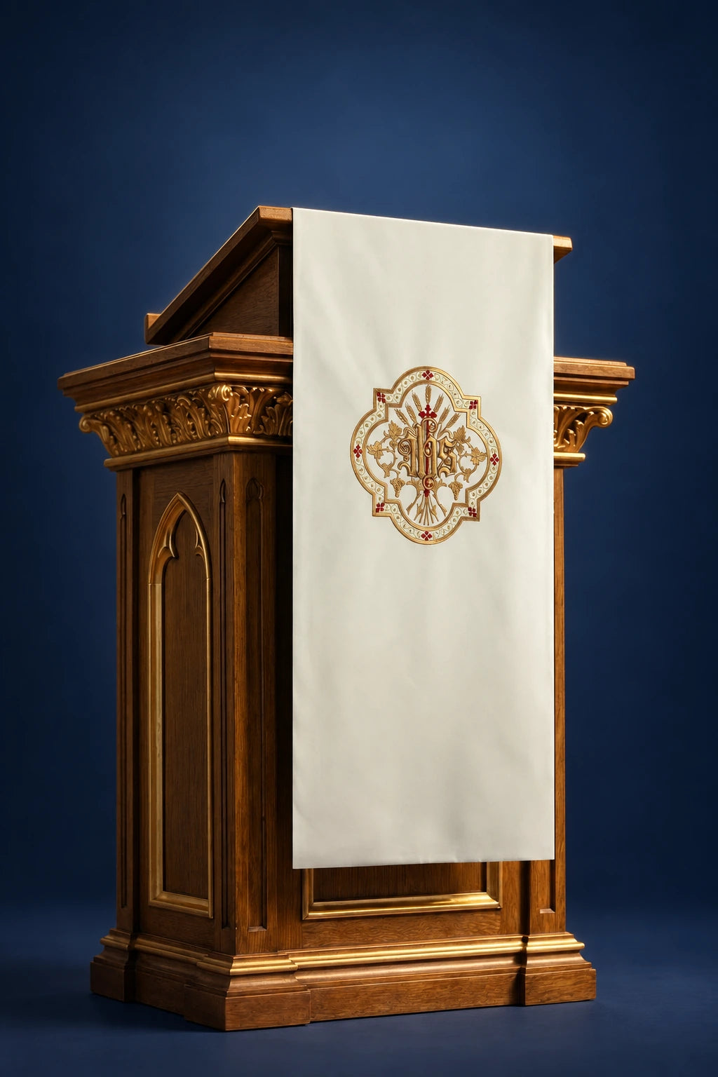 Front view of an ecru lectern cover with embroidered IHS medallion centerpiece
