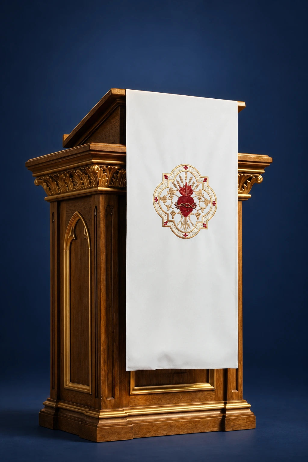 Front view of an ecru lectern cover with embroidered Sacred Heart medallion