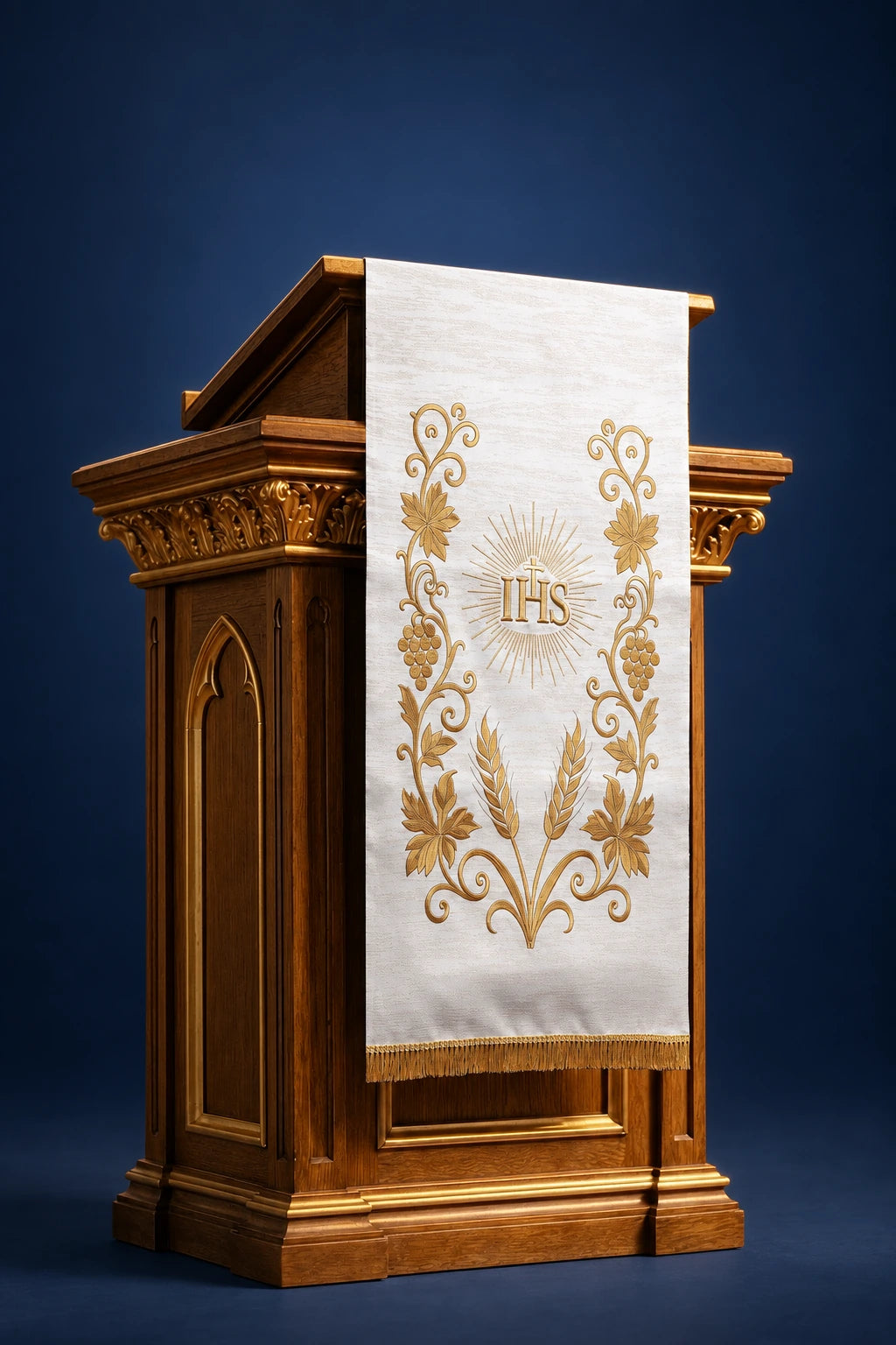 Front view of an ecru lectern cover with gold IHS, scrollwork, wheat and sunburst embroidery