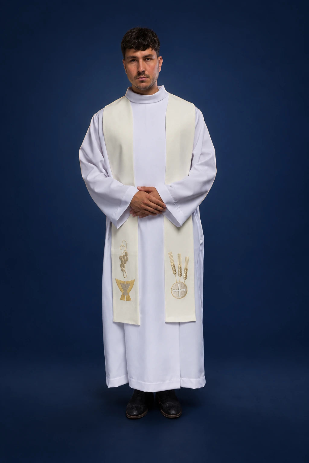 Front view of an ecru liturgical stole with chalice, wheat, and grapes embroidery
