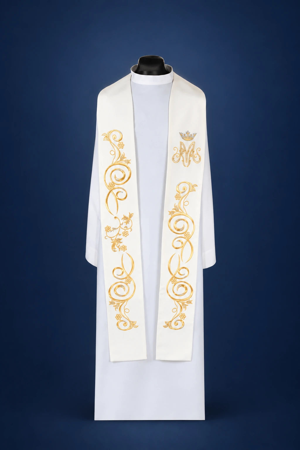 Front view of an ecru Marian stole with gold scroll embroidery and crowned M monogram