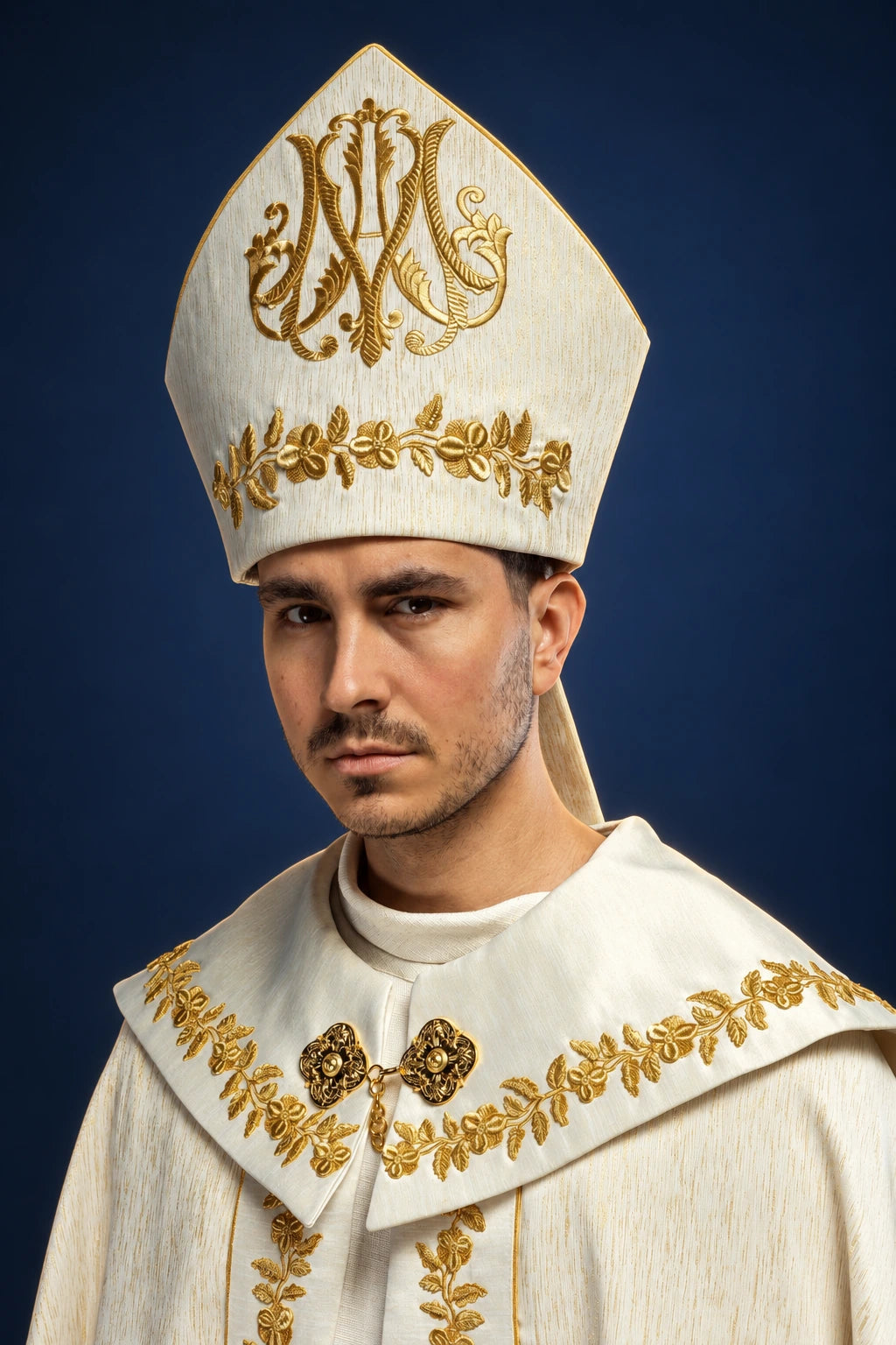 Front view of an ecru miter with gold Marian embroidery and matching embroidered shoulder capelet