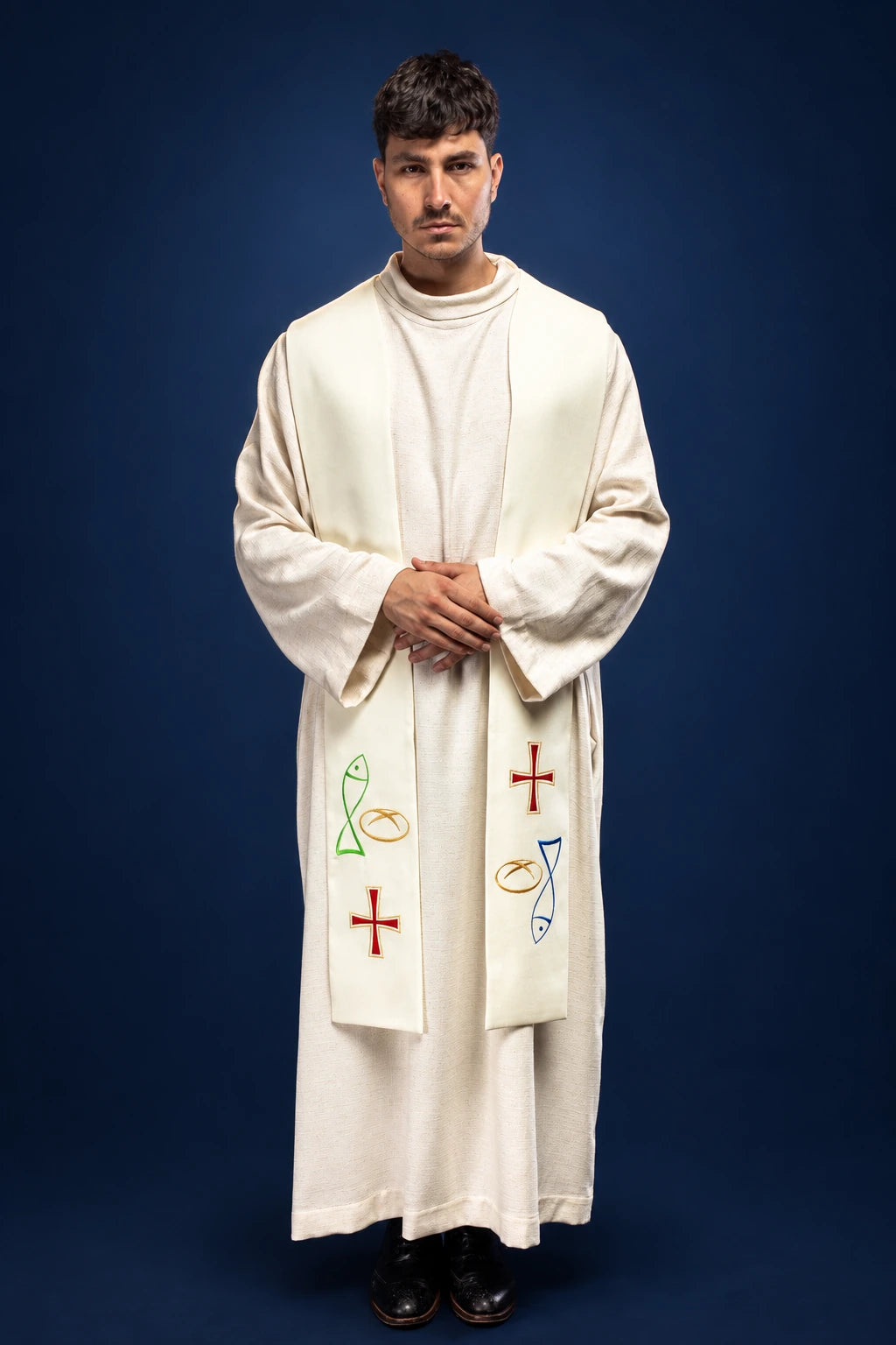Front view of an ecru priest stole with embroidered fish, bread and cross symbols