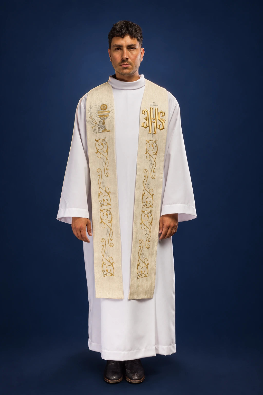 Front view of an ecru priest stole with embroidered IHS and chalice motifs