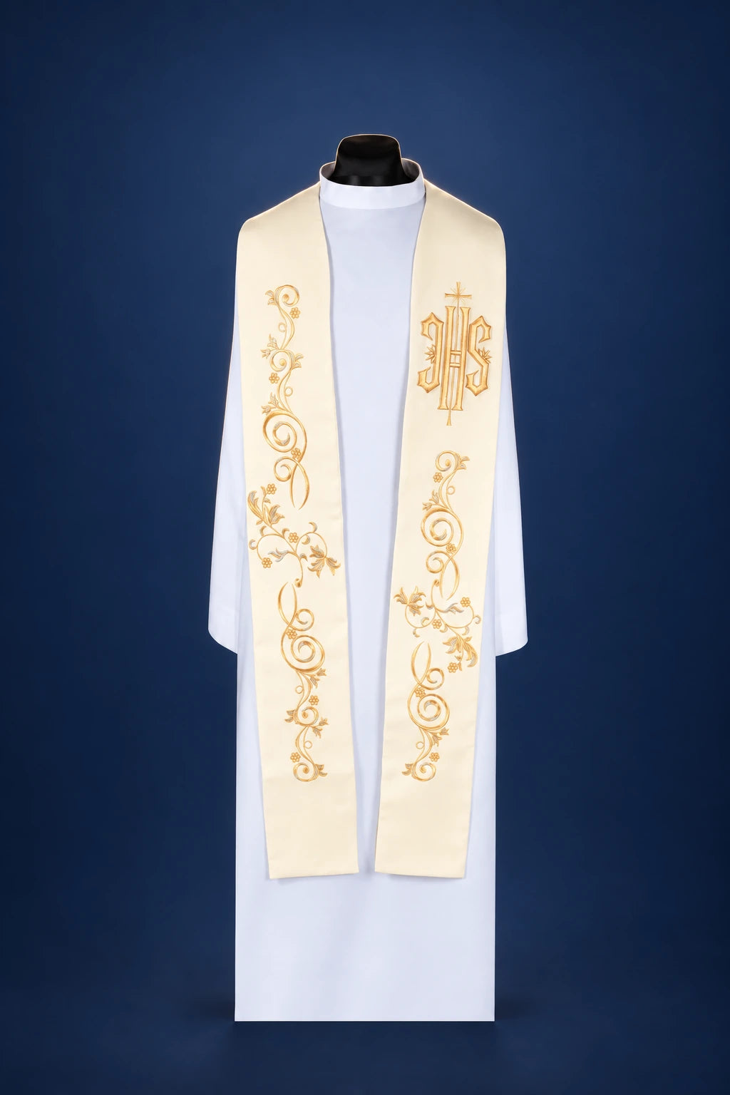 Front view of ecru priest stole with gold scroll embroidery and IHS monogram