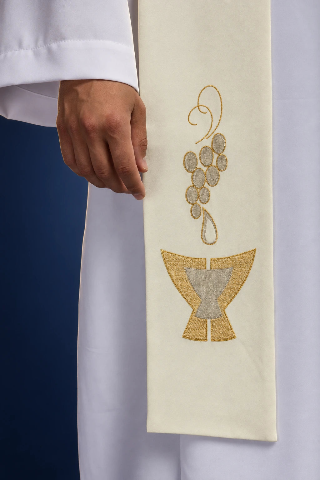 Front view of an ecru stole with embroidered chalice, grapes, and wheat