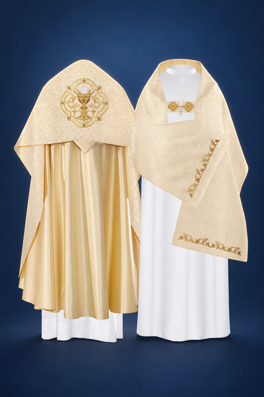 Front view of a gold liturgical veil with chalice embroidery and a matching diagonal border on the front panel