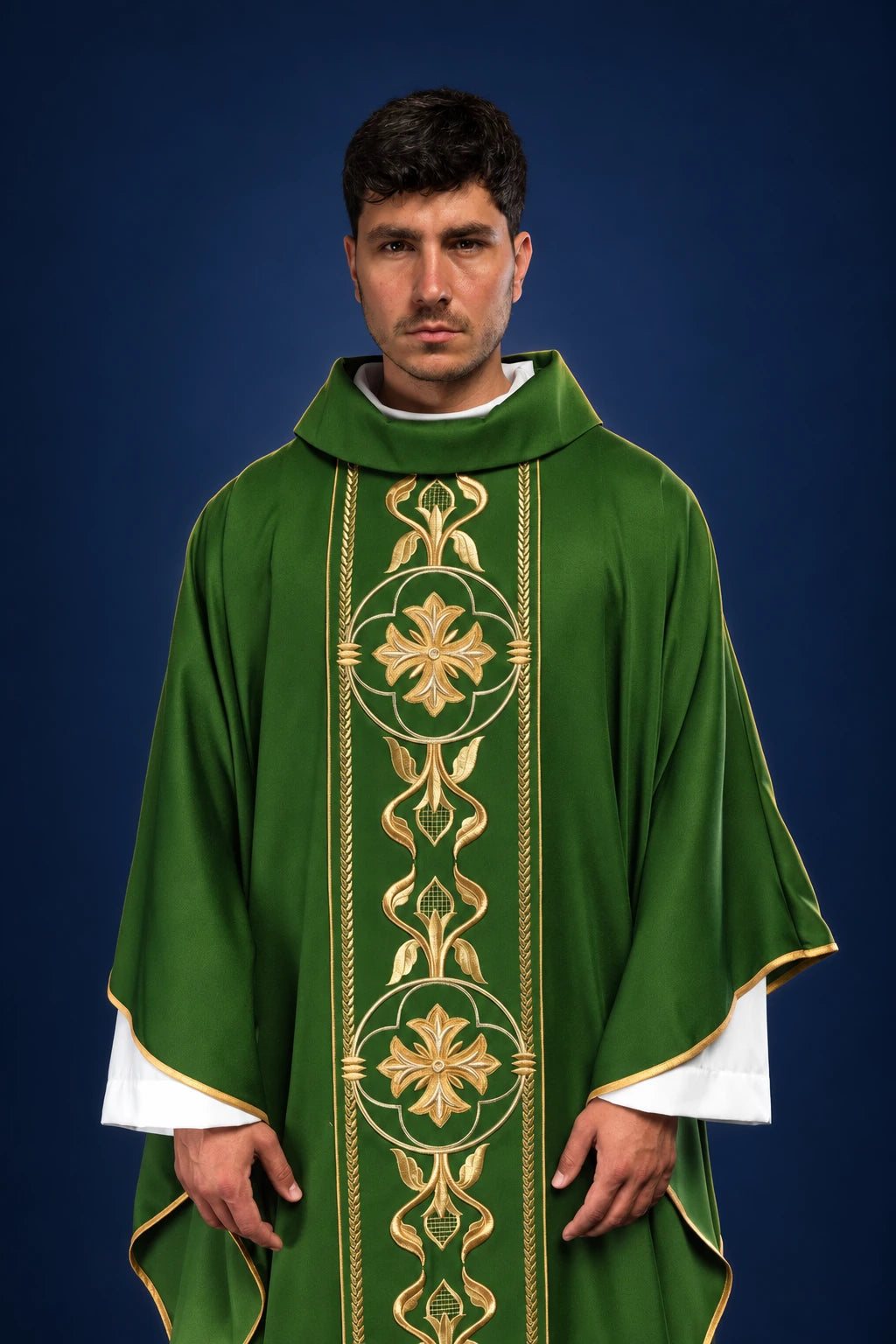 Front view of green chasuble with embroidered central orphrey and gold floral motifs