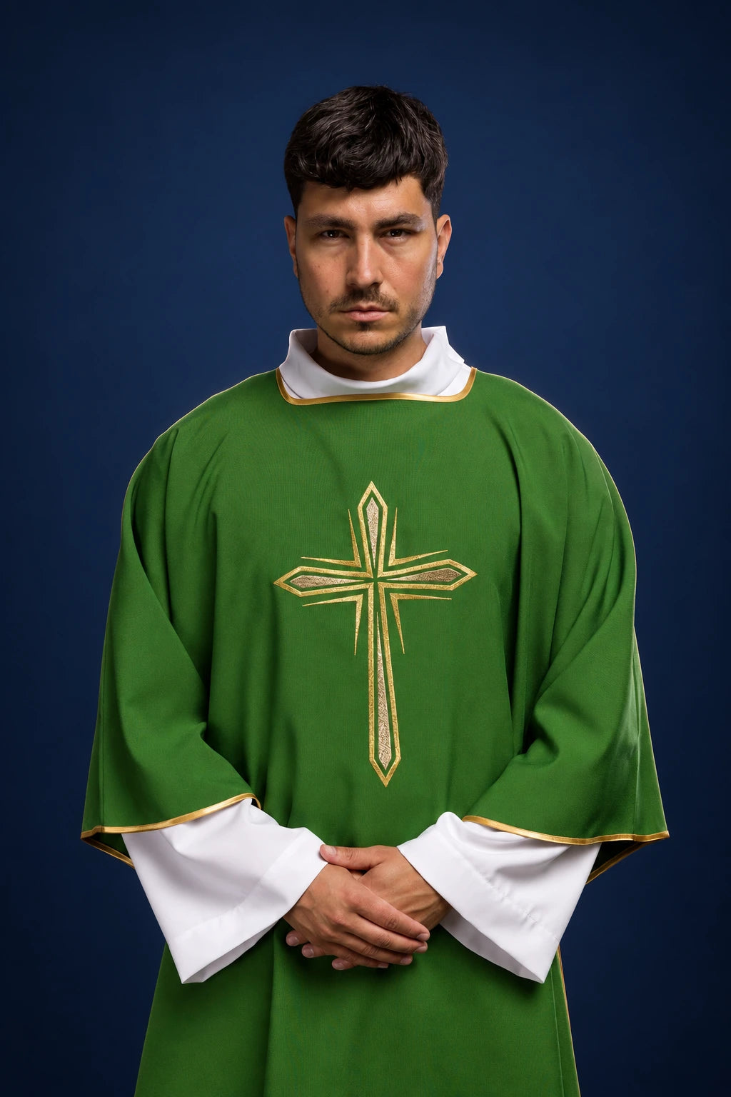 Front view of a green dalmatic with a large embroidered gold cross on the chest and gold trim