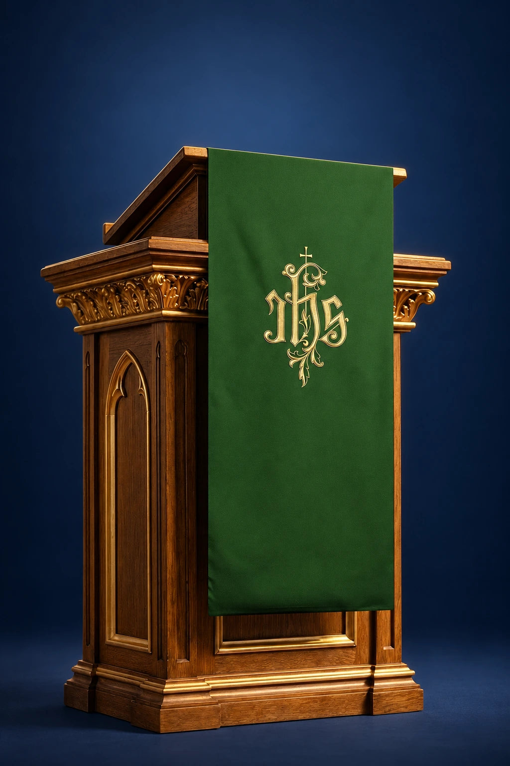 Front view of a green lectern cover with gold IHS embroidery and cross motif