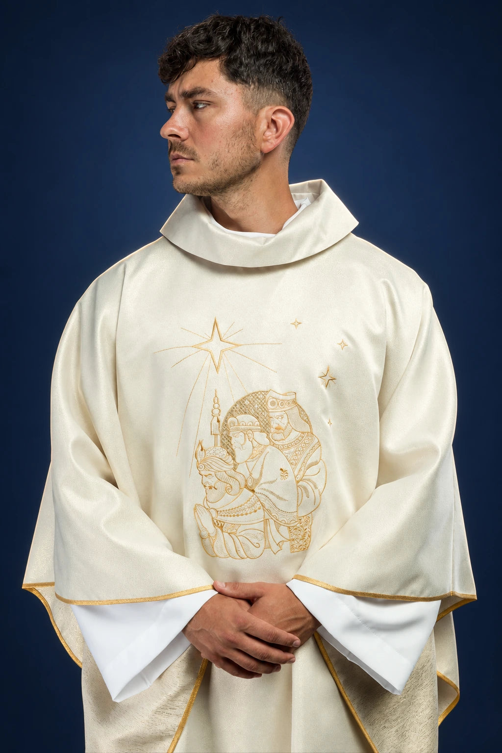 Front view of ivory chasuble with gold Epiphany embroidery and gold trim