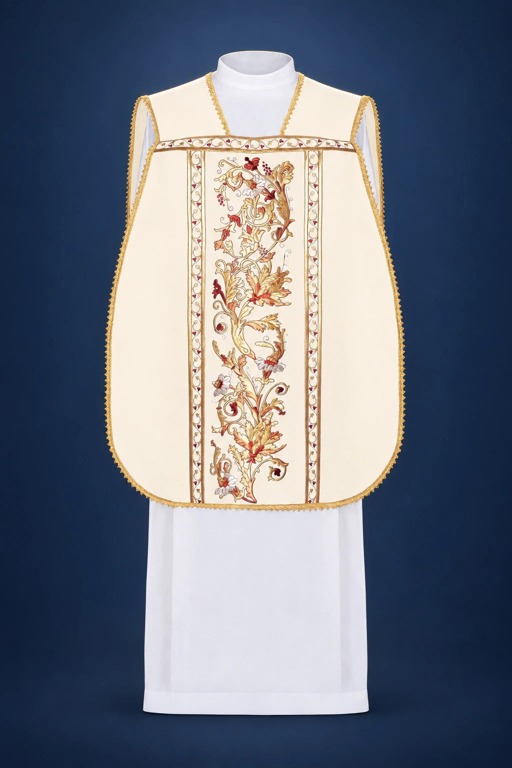 Front view of an ivory Roman chasuble with gold trim and a vertical embroidered chalice-and-vine panel