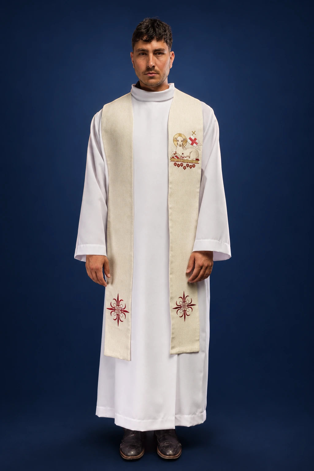 Front view of an ivory stole with embroidered Agnus Dei and red cross motifs