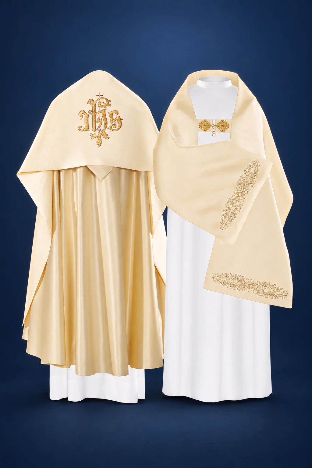 Front view of a liturgical veil with gold IHS embroidery and matching floral border detail