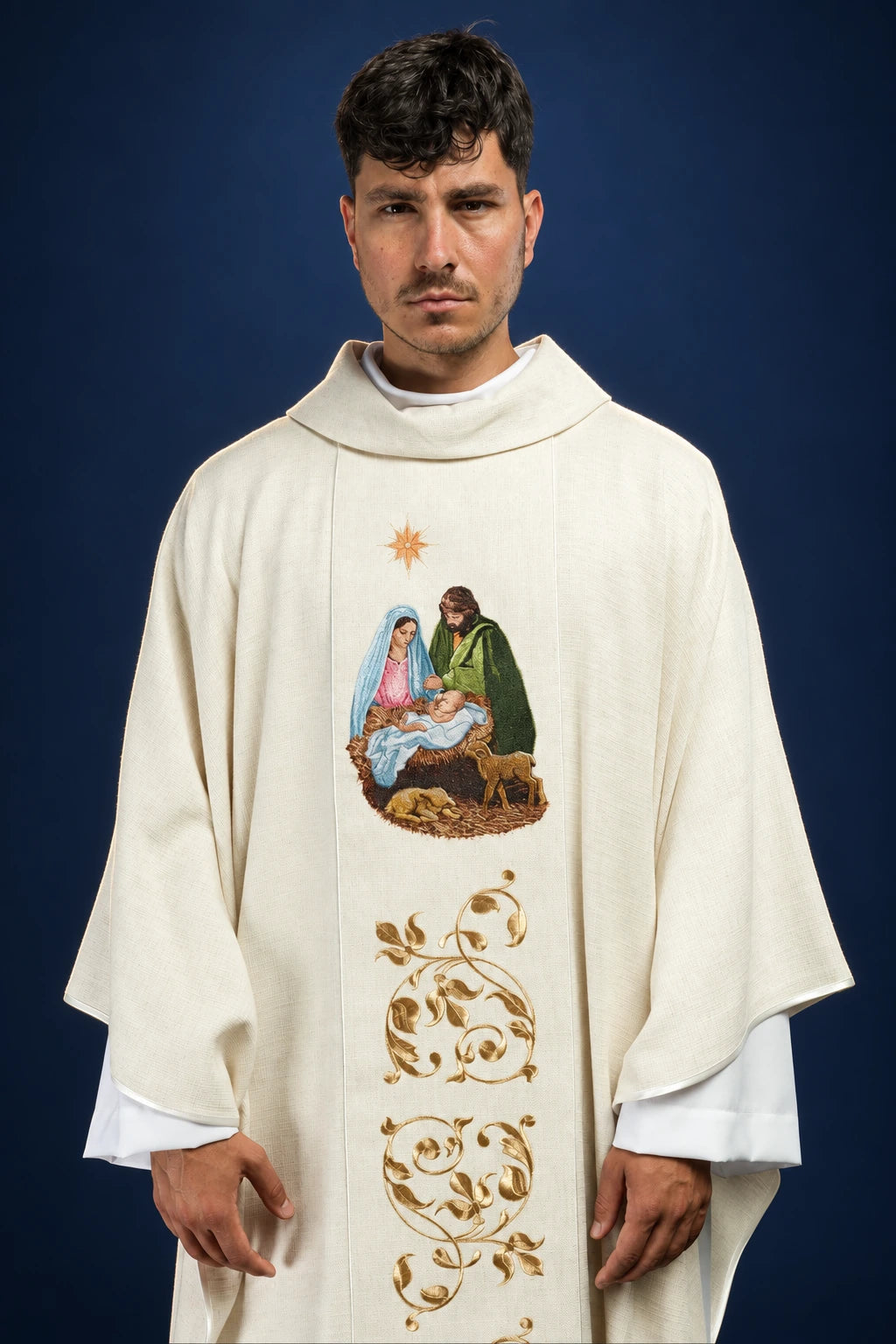 Front view of a natural-weave chasuble with Holy Family embroidery and gold vine motif