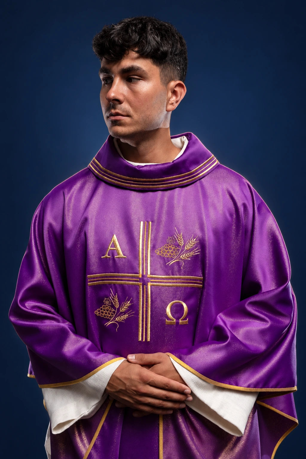 Front view of a purple chasuble with gold cross, Alpha and Omega, and wheat motifs