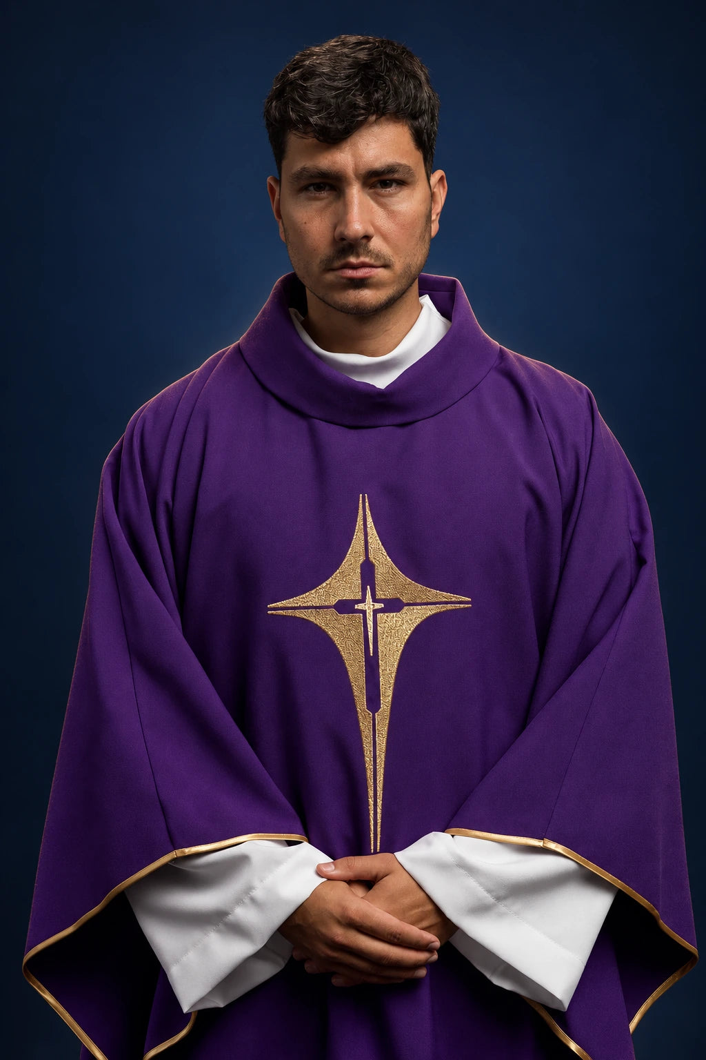 Front view of a purple chasuble with gold cross embroidery and gold trim at the edges