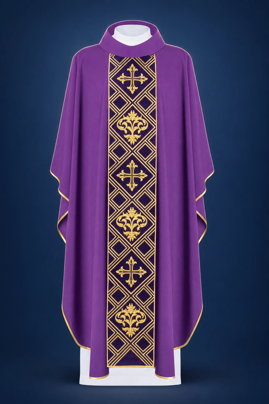Front view of a purple chasuble with a gold embroidered vertical cross panel and fleur-de-lis trim