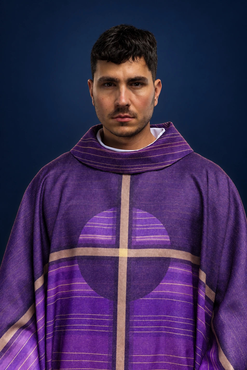 Front view of a purple chasuble with a large cross motif and striped woven bands