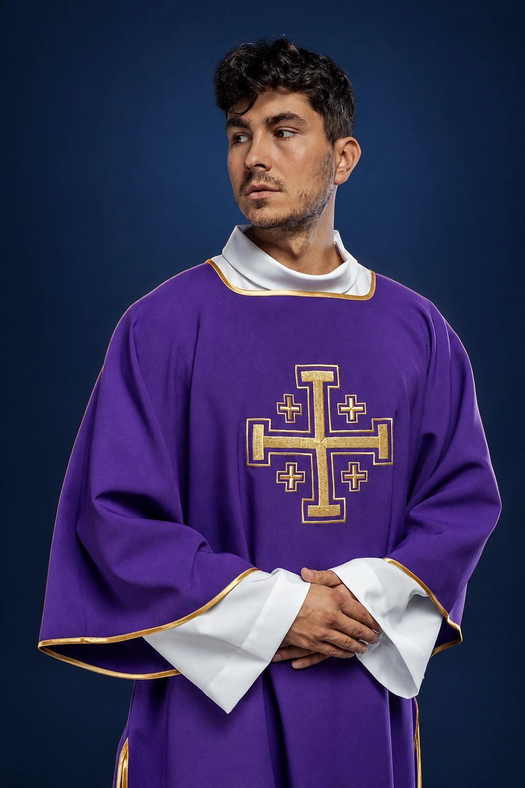 Front view of a purple dalmatic with gold cross embroidery and gold trim on the sleeves and neckline