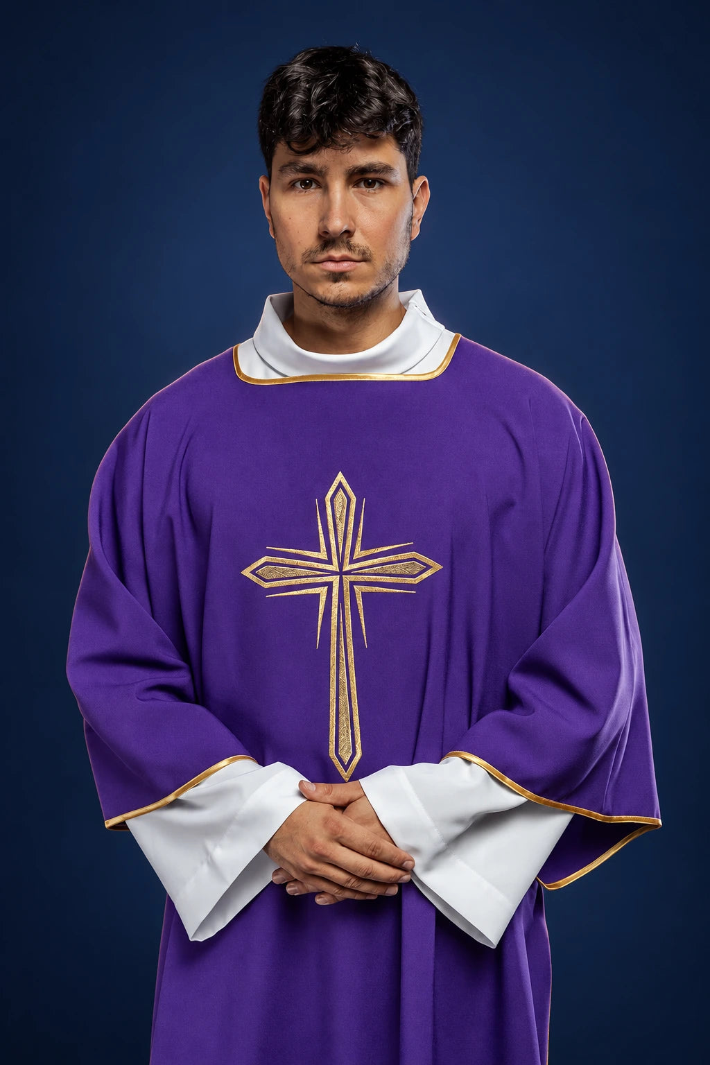 Front view of purple dalmatic with gold embroidered cross and gold-trimmed sleeves
