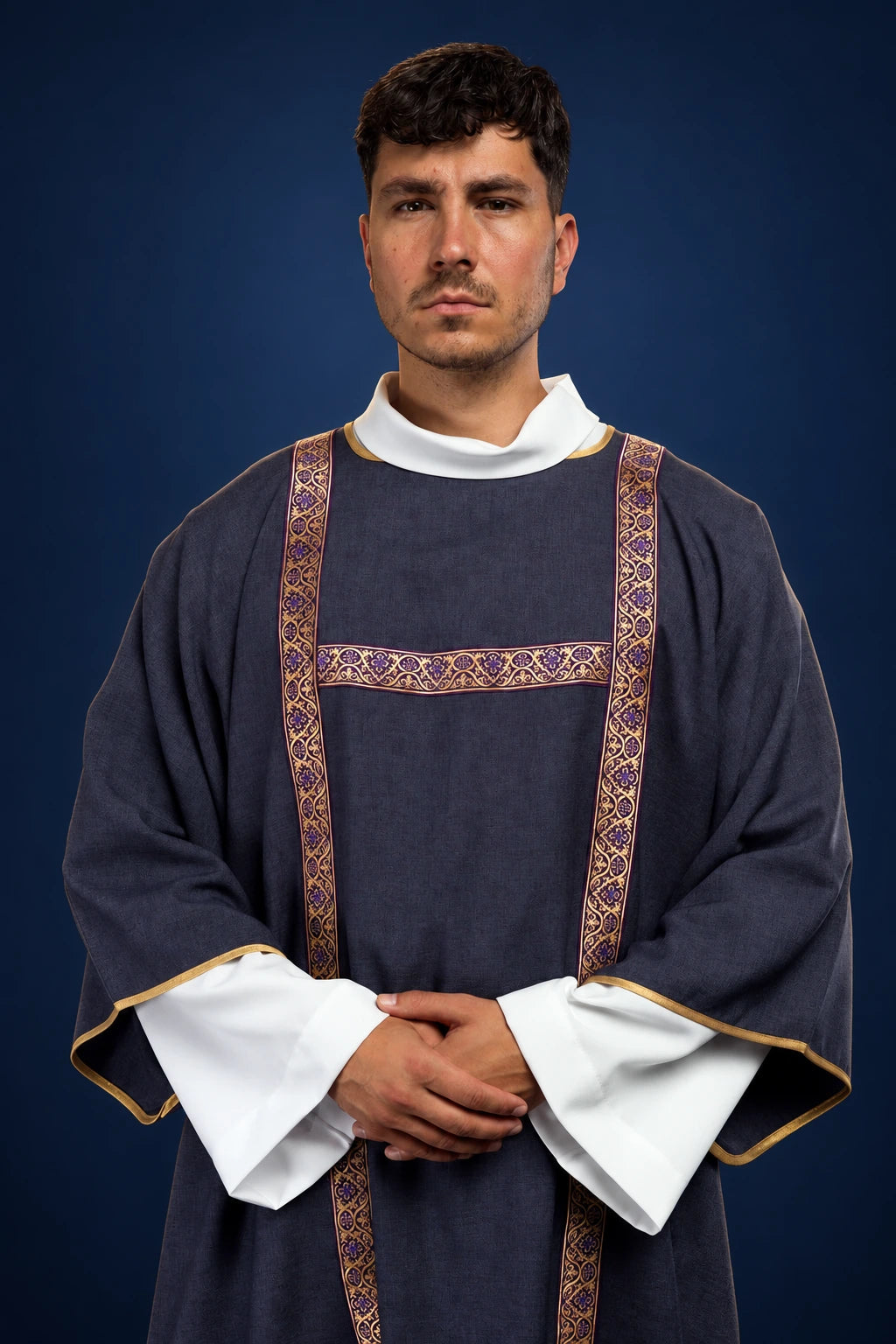 Front view of a purple dalmatic with gold jacquard orphreys and gold trim on the sleeves.