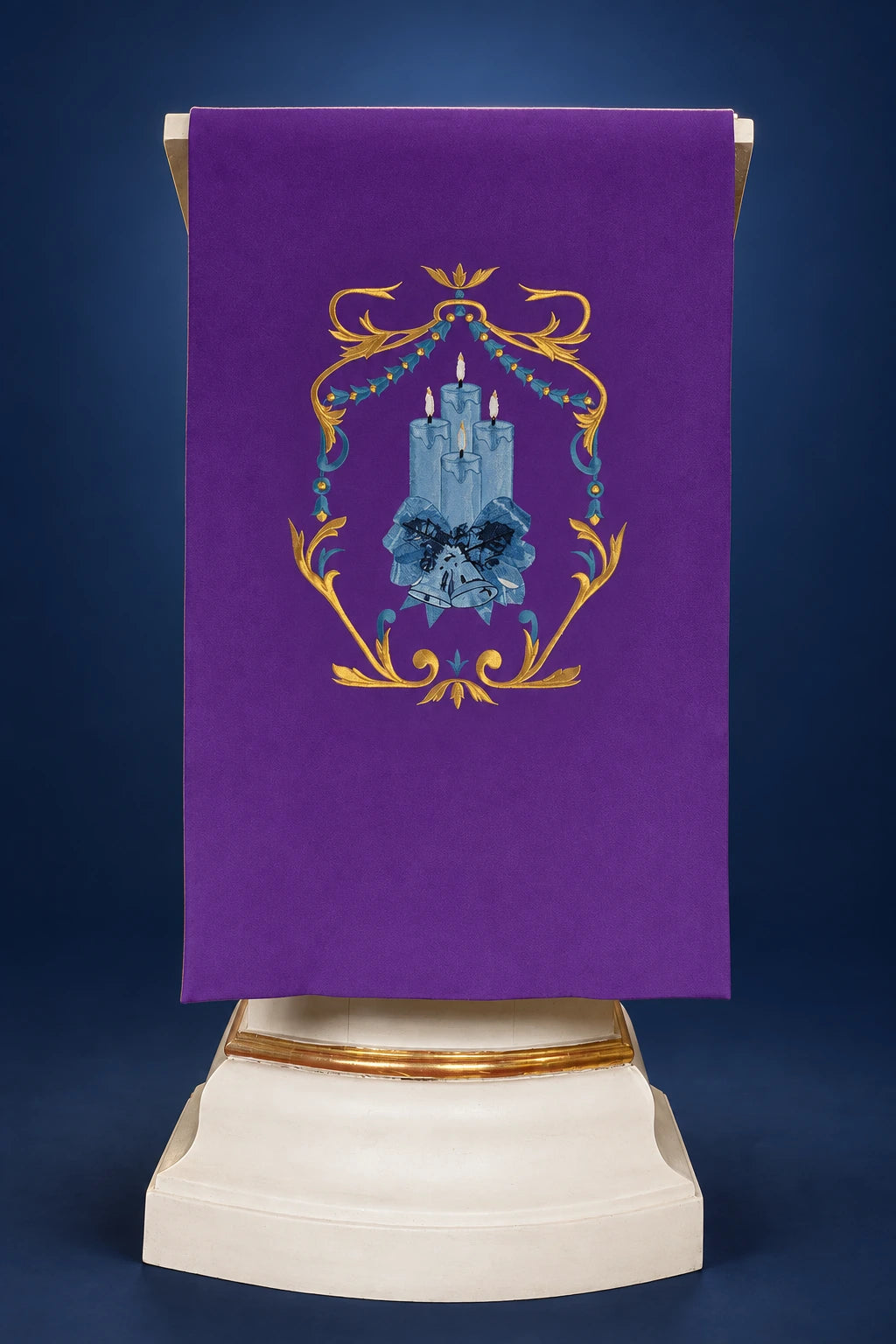 Front view of purple lectern cover with central embroidered candle motif and ornate gold scrollwork