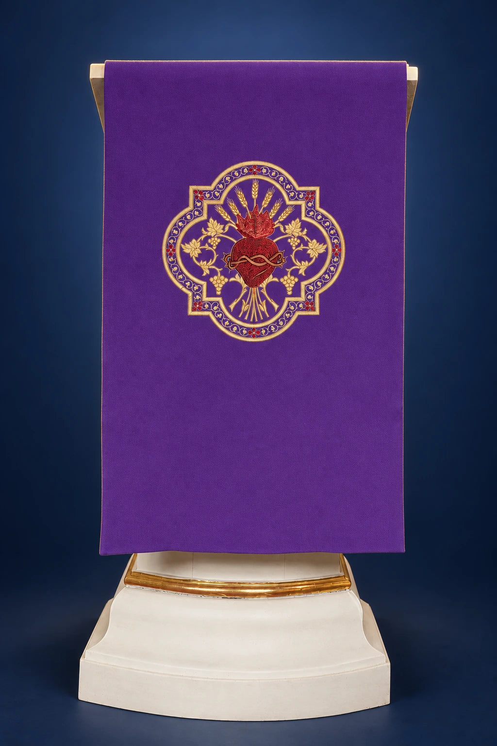 Front view of a purple lectern cover with embroidered Sacred Heart medallion centered near the top