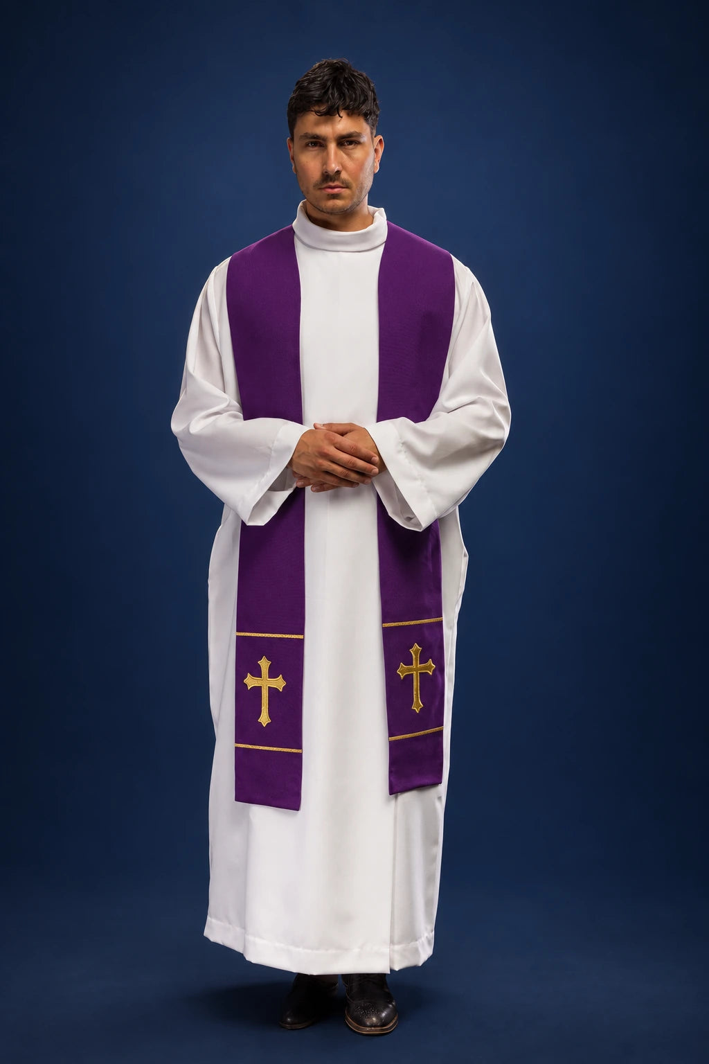 Front view of a purple priest stole with gold cross embroidery, worn over a white alb